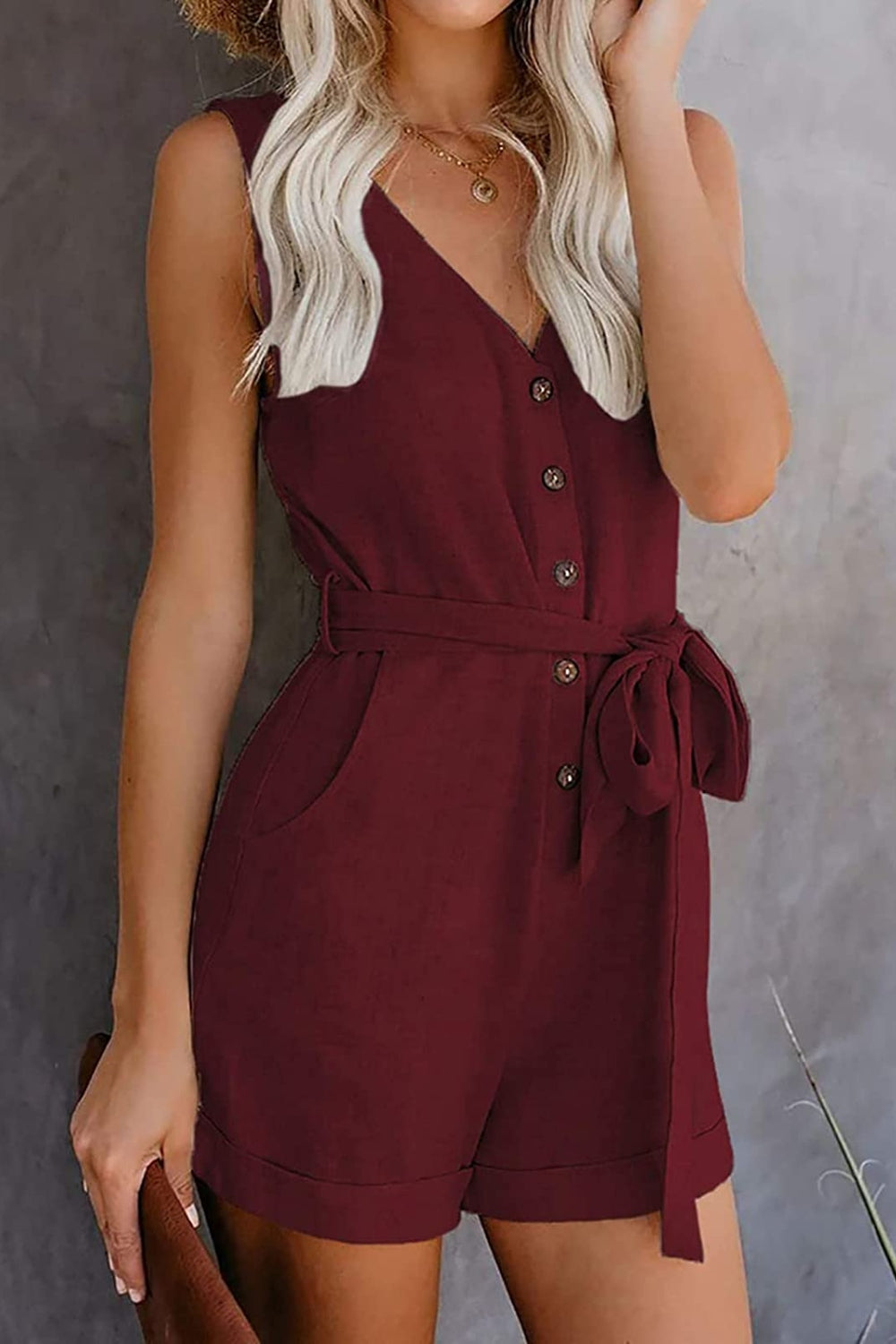 Curvy Girl Tied V-Neck Sleeveless Romper with Pockets