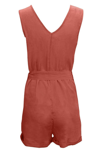 Curvy Girl Tied V-Neck Sleeveless Romper with Pockets