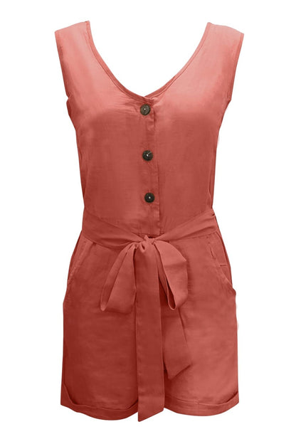 Curvy Girl Tied V-Neck Sleeveless Romper with Pockets