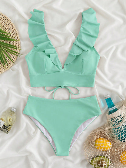 Ruffled V-Neck Sleeveless Two-Piece Swim Set