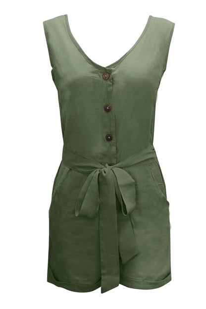 Curvy Girl Tied V-Neck Sleeveless Romper with Pockets