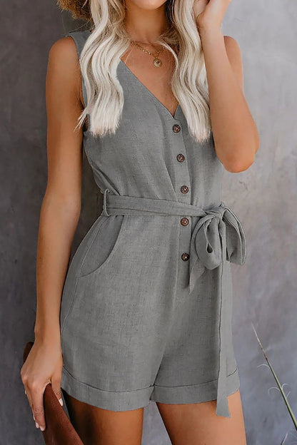 Curvy Girl Tied V-Neck Sleeveless Romper with Pockets