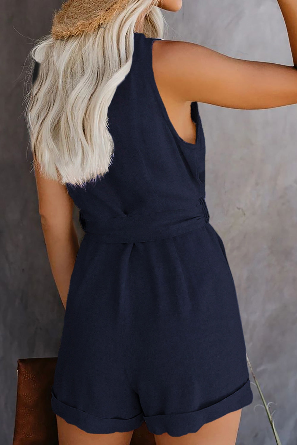 Curvy Girl Tied V-Neck Sleeveless Romper with Pockets