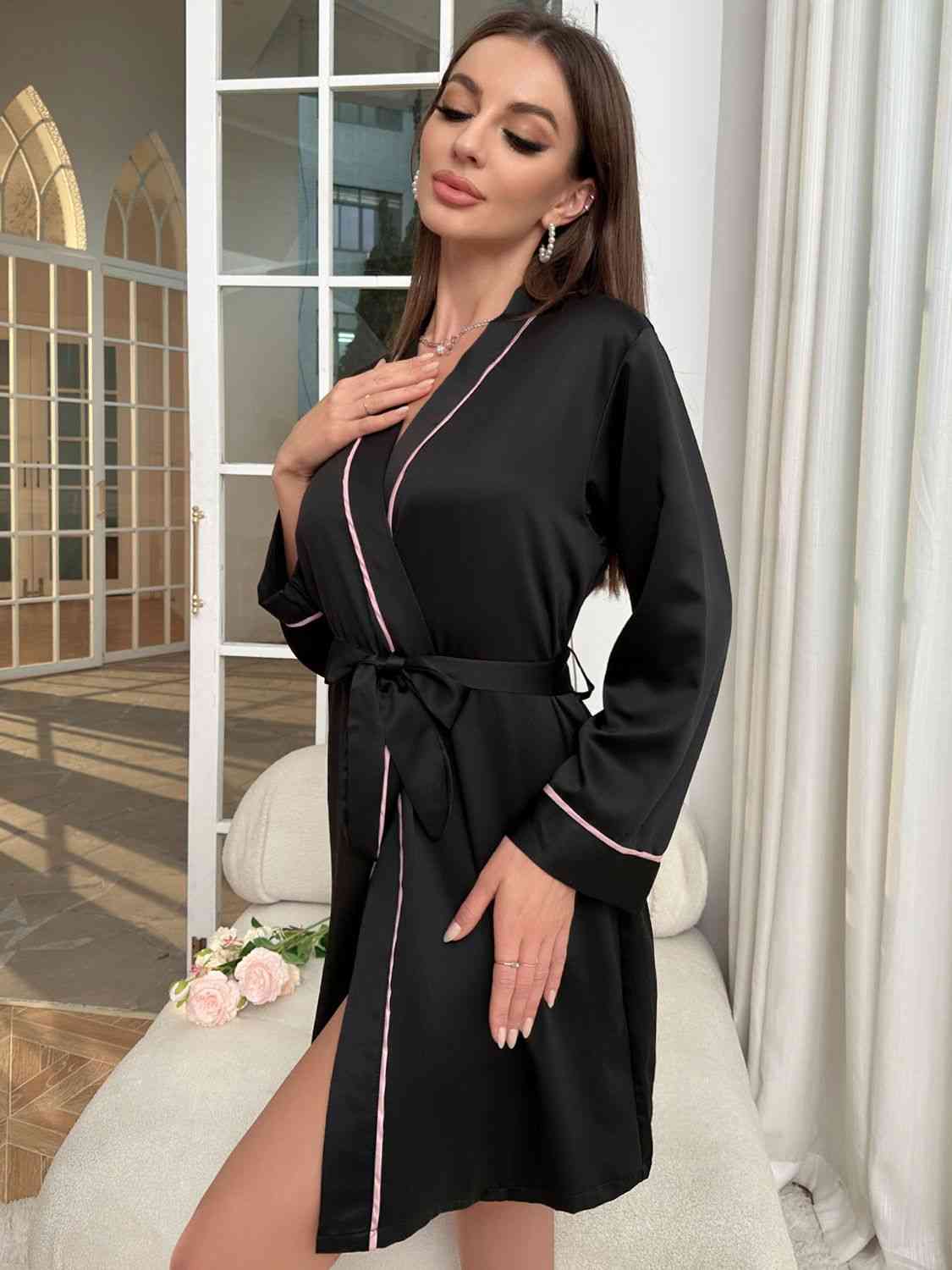 Tie Waist Surplice Neck Robe