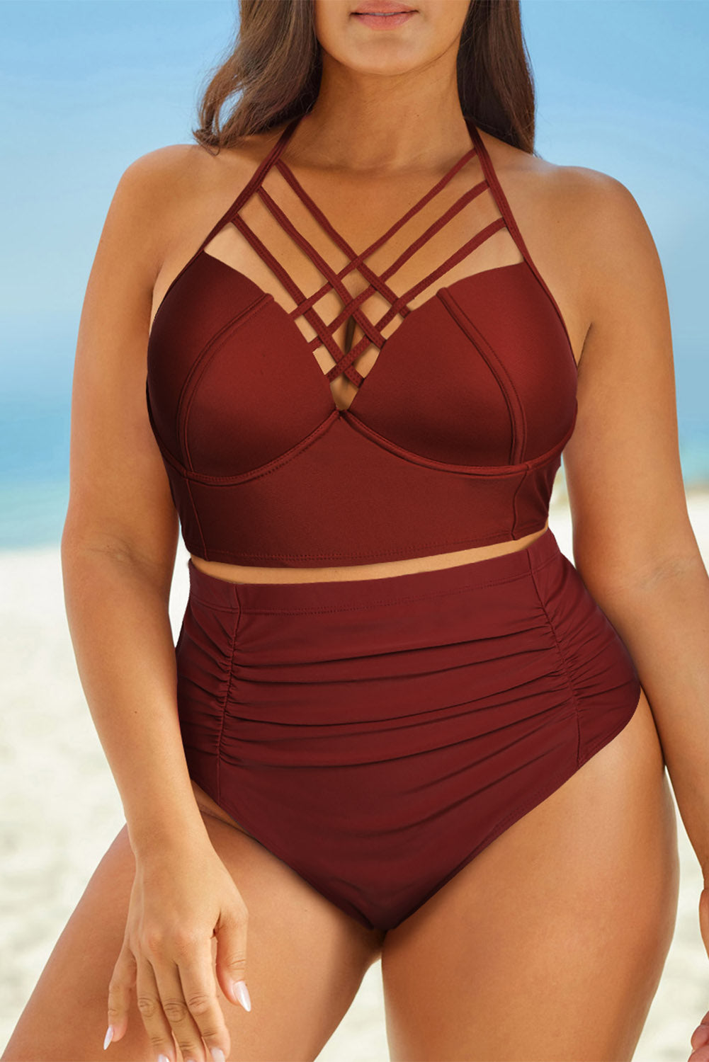 Curvy Girl Halter Neck Crisscross Ruched Two-Piece Swimsuit