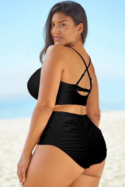 Curvy Girl Halter Neck Crisscross Ruched Two-Piece Swimsuit