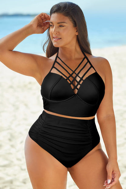 Curvy Girl Halter Neck Crisscross Ruched Two-Piece Swimsuit