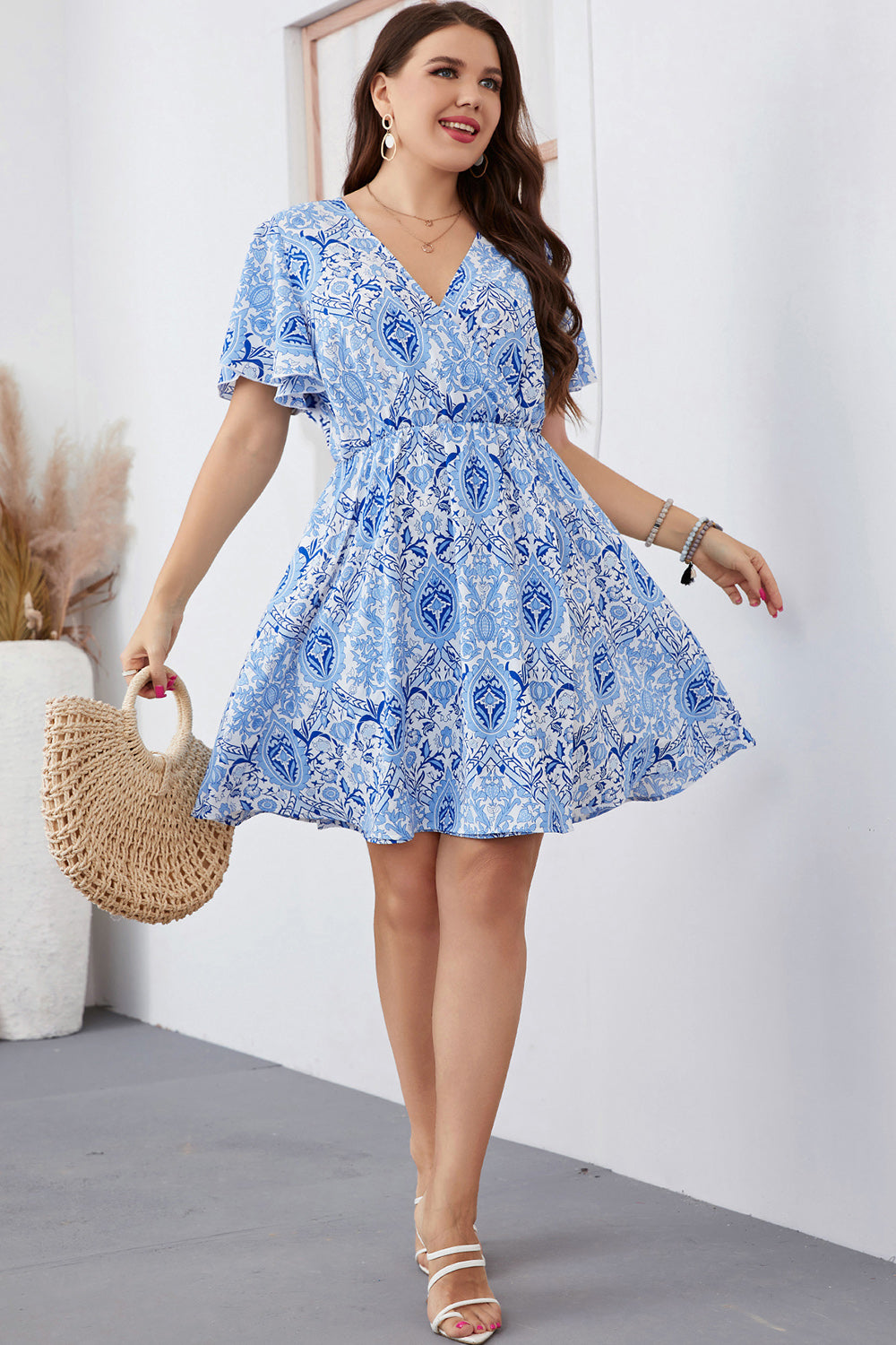 Curvy Girl Surplice Neck Flutter Sleeve Dress