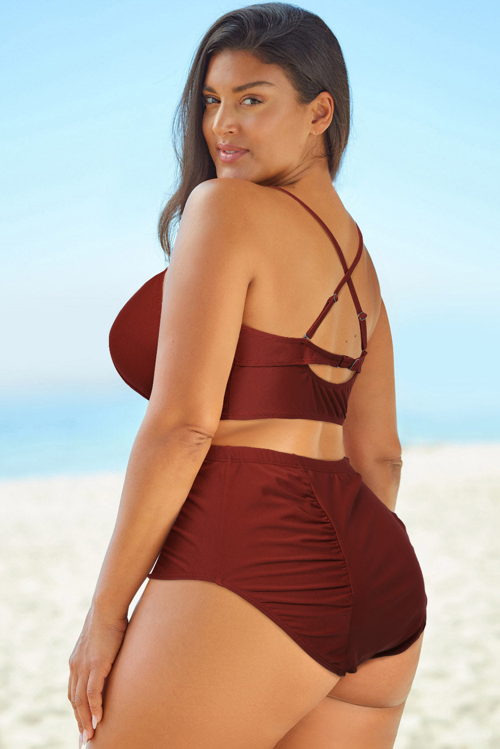 Curvy Girl Halter Neck Crisscross Ruched Two-Piece Swimsuit