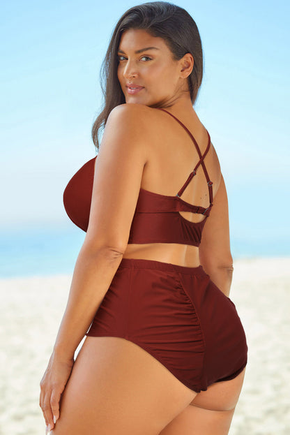 Curvy Girl Halter Neck Crisscross Ruched Two-Piece Swimsuit