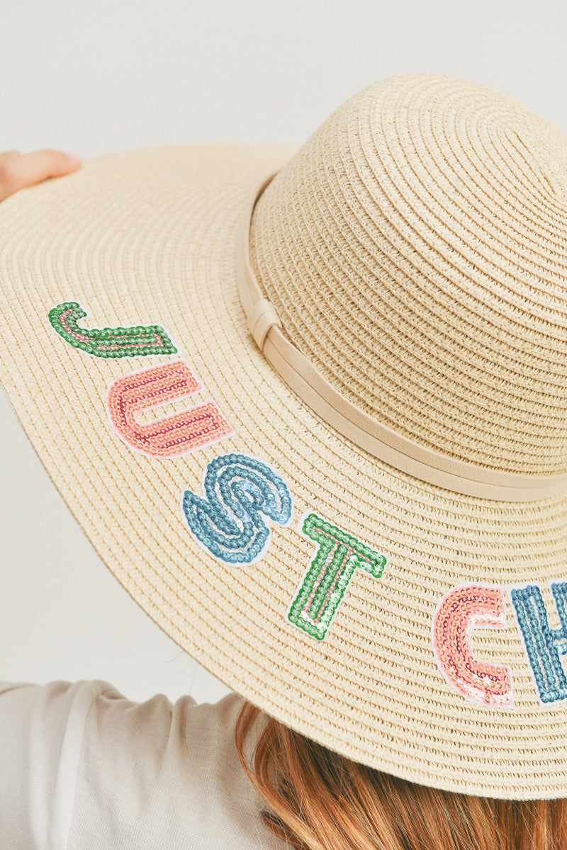 Fame Sequin "Just Chill Out" Wide Brim Straw Hat