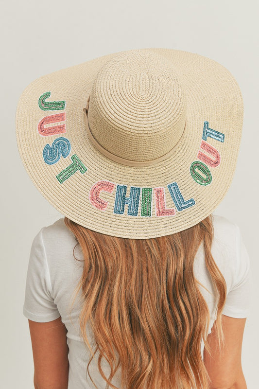 Fame Sequin "Just Chill Out" Wide Brim Straw Hat